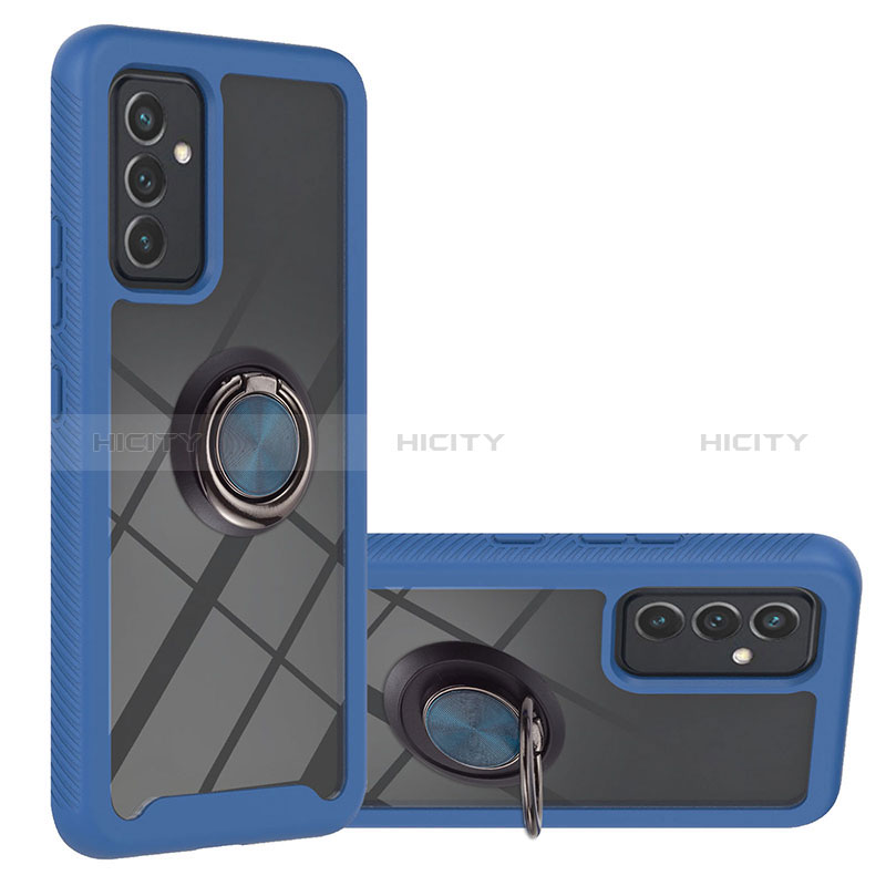 Silicone Matte Finish and Plastic Back Cover Case with Magnetic Finger Ring Stand ZJ1 for Samsung Galaxy M54 5G Blue