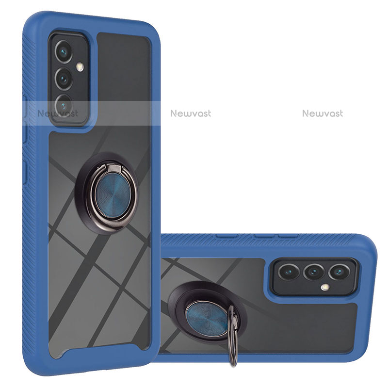 Silicone Matte Finish and Plastic Back Cover Case with Magnetic Finger Ring Stand ZJ1 for Samsung Galaxy Quantum2 5G Blue