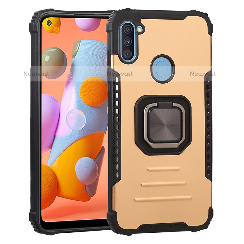 Silicone Matte Finish and Plastic Back Cover Case with Magnetic Finger Ring Stand ZJ2 for Samsung Galaxy A11 Gold