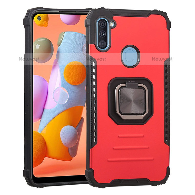 Silicone Matte Finish and Plastic Back Cover Case with Magnetic Finger Ring Stand ZJ2 for Samsung Galaxy A11 Red