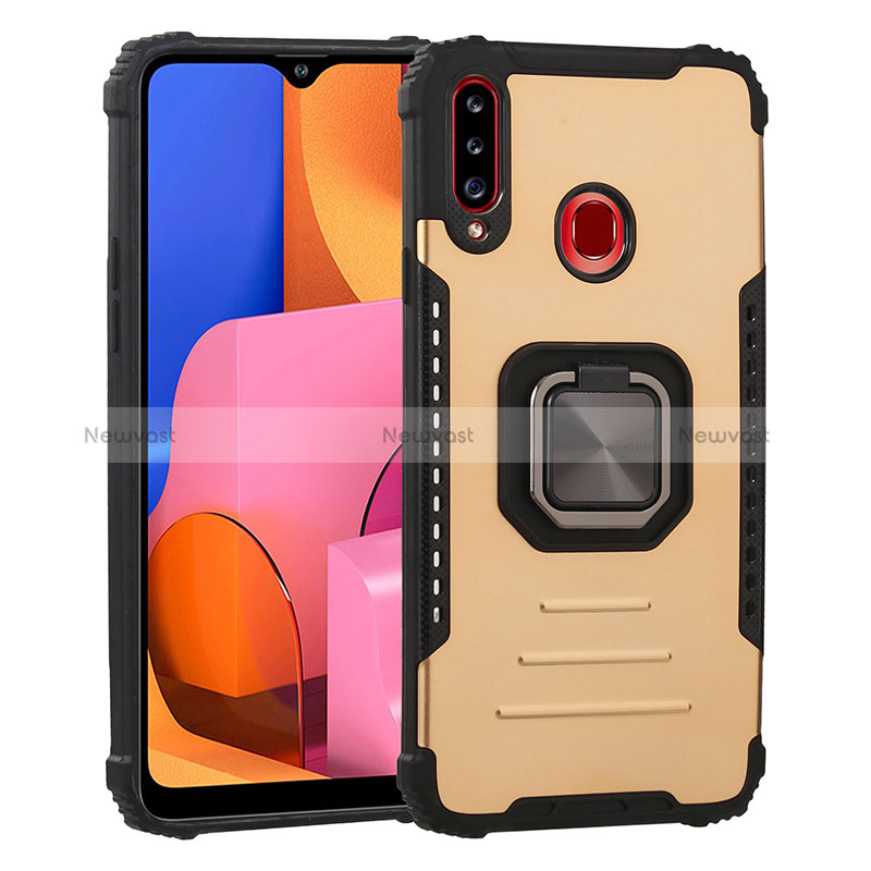 Silicone Matte Finish and Plastic Back Cover Case with Magnetic Finger Ring Stand ZJ2 for Samsung Galaxy A20s Gold