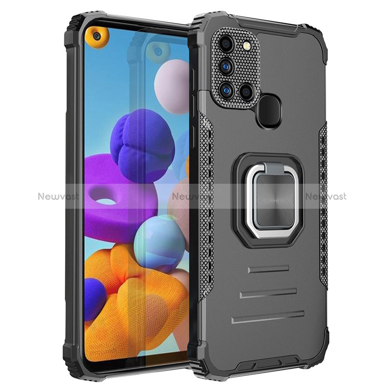 Silicone Matte Finish and Plastic Back Cover Case with Magnetic Finger Ring Stand ZJ2 for Samsung Galaxy A21s Black