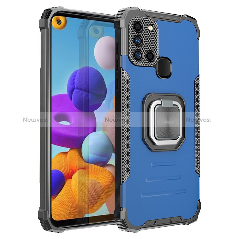 Silicone Matte Finish and Plastic Back Cover Case with Magnetic Finger Ring Stand ZJ2 for Samsung Galaxy A21s Blue