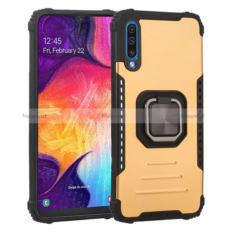 Silicone Matte Finish and Plastic Back Cover Case with Magnetic Finger Ring Stand ZJ2 for Samsung Galaxy A30S Gold