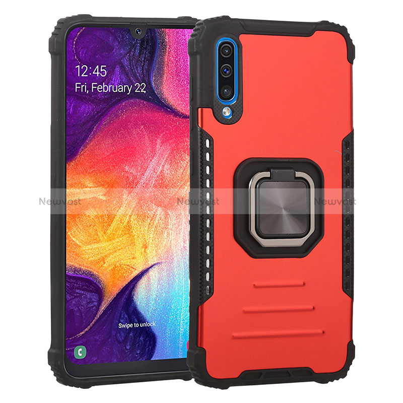 Silicone Matte Finish and Plastic Back Cover Case with Magnetic Finger Ring Stand ZJ2 for Samsung Galaxy A30S Red