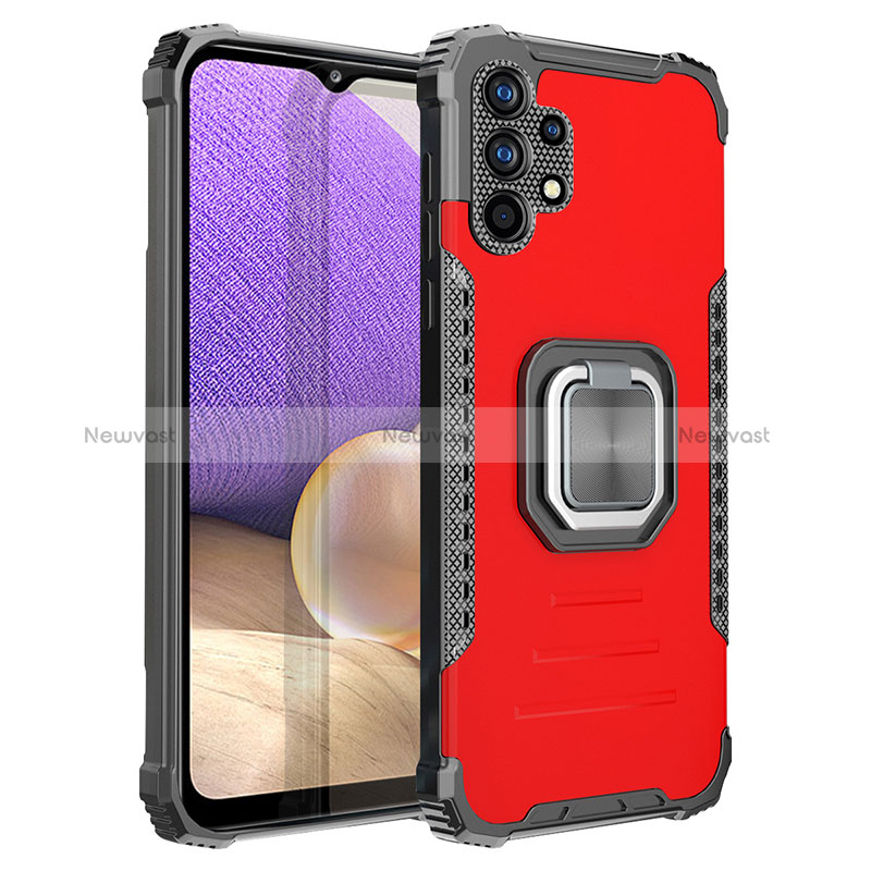 Silicone Matte Finish and Plastic Back Cover Case with Magnetic Finger Ring Stand ZJ2 for Samsung Galaxy A32 5G Red