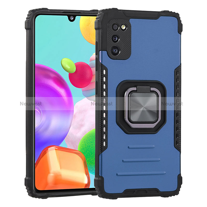 Silicone Matte Finish and Plastic Back Cover Case with Magnetic Finger Ring Stand ZJ2 for Samsung Galaxy A41 Blue