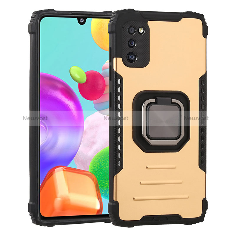 Silicone Matte Finish and Plastic Back Cover Case with Magnetic Finger Ring Stand ZJ2 for Samsung Galaxy A41 Gold