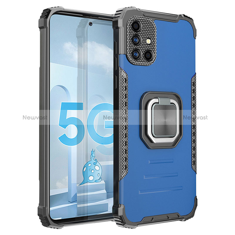 Silicone Matte Finish and Plastic Back Cover Case with Magnetic Finger Ring Stand ZJ2 for Samsung Galaxy A51 5G Blue