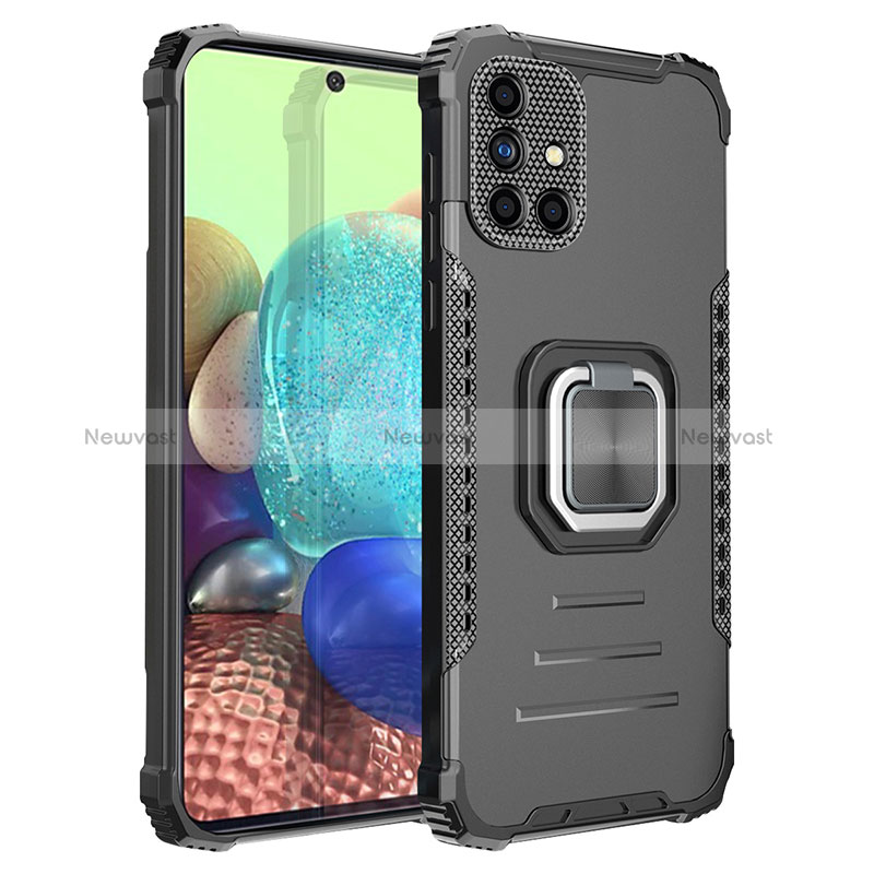 Silicone Matte Finish and Plastic Back Cover Case with Magnetic Finger Ring Stand ZJ2 for Samsung Galaxy A71 5G Black