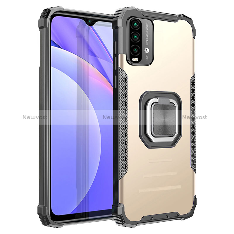 Silicone Matte Finish and Plastic Back Cover Case with Magnetic Finger Ring Stand ZJ2 for Xiaomi Redmi 9 Power Gold