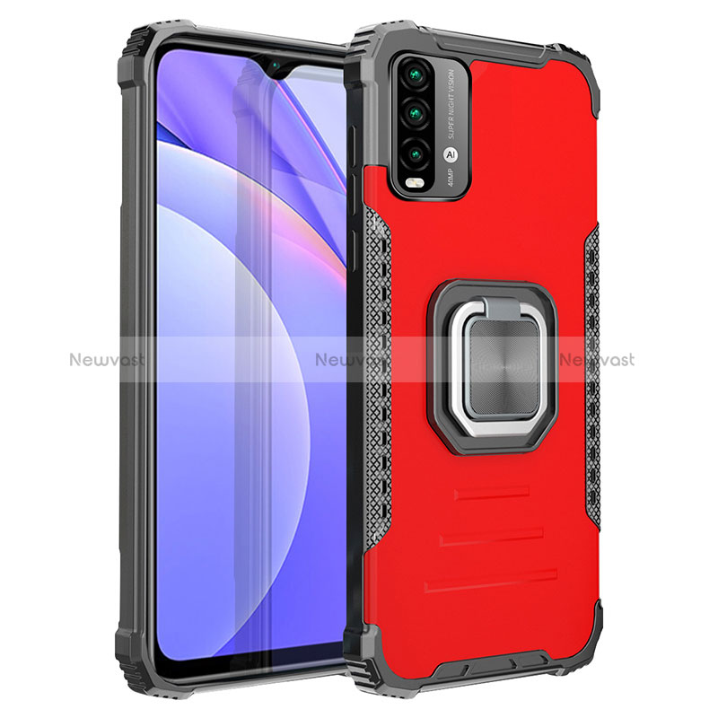 Silicone Matte Finish and Plastic Back Cover Case with Magnetic Finger Ring Stand ZJ2 for Xiaomi Redmi 9 Power Red