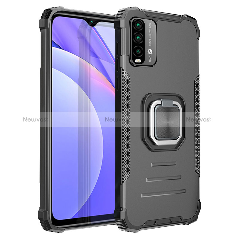 Silicone Matte Finish and Plastic Back Cover Case with Magnetic Finger Ring Stand ZJ2 for Xiaomi Redmi 9T 4G Black