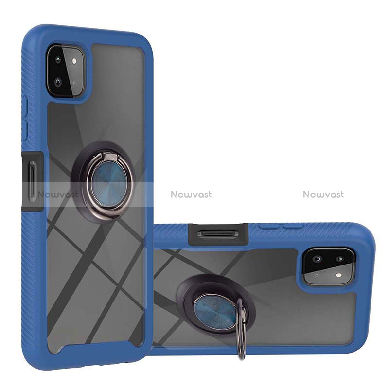 Silicone Matte Finish and Plastic Back Cover Case with Magnetic Finger Ring Stand ZJ5 for Samsung Galaxy A22 5G Blue