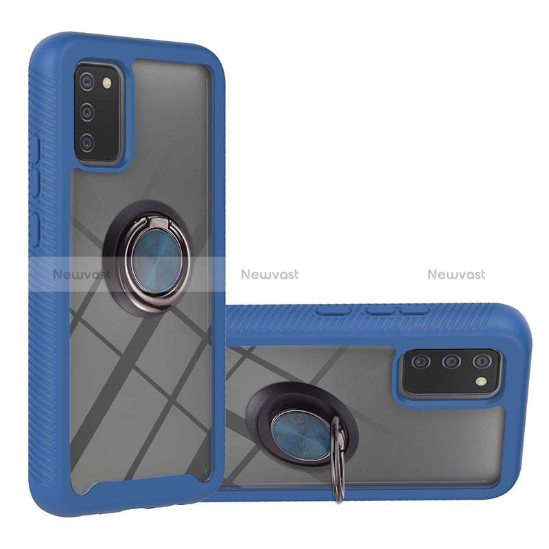 Silicone Matte Finish and Plastic Back Cover Case with Magnetic Finger Ring Stand ZJ5 for Samsung Galaxy F02S SM-E025F Blue