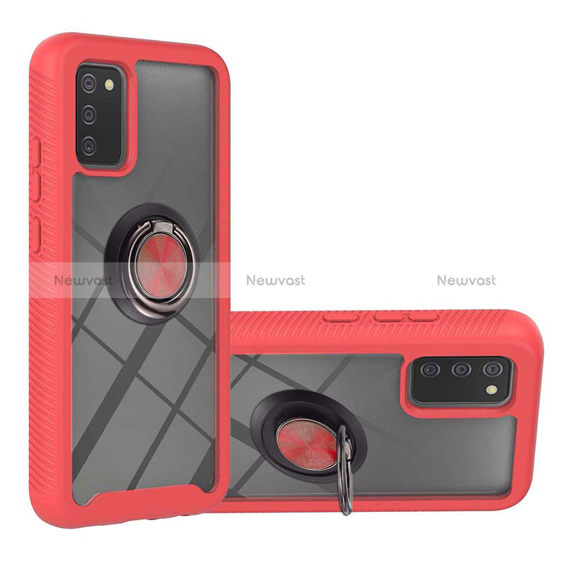 Silicone Matte Finish and Plastic Back Cover Case with Magnetic Finger Ring Stand ZJ5 for Samsung Galaxy F02S SM-E025F Red