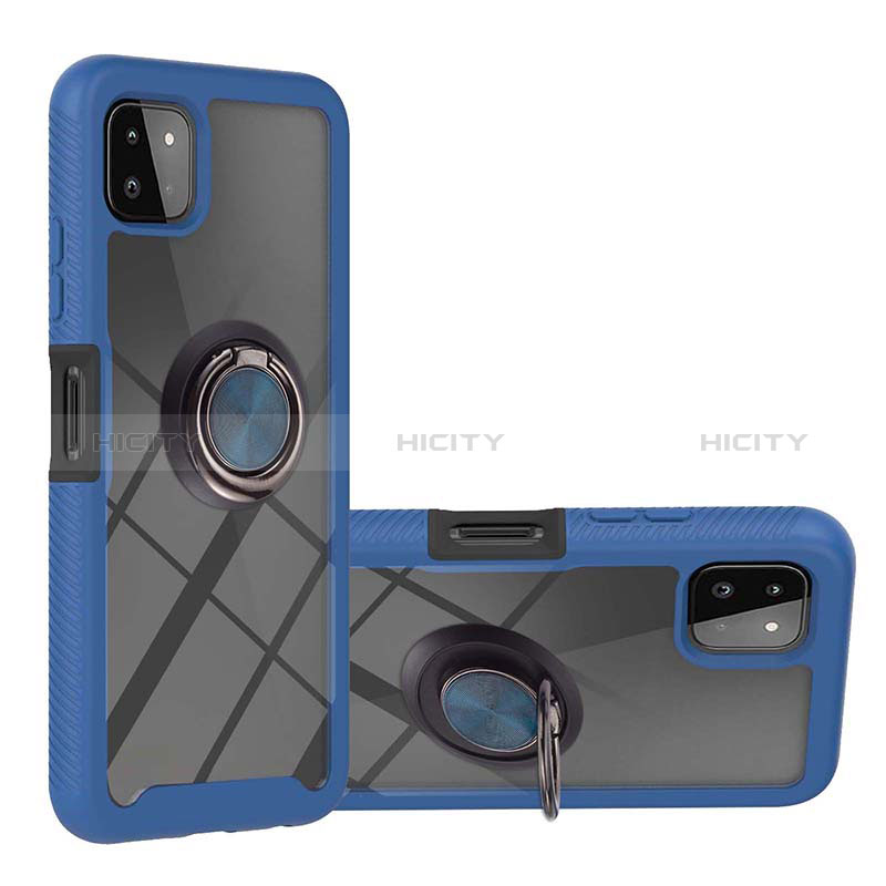 Silicone Matte Finish and Plastic Back Cover Case with Magnetic Finger Ring Stand ZJ5 for Samsung Galaxy F42 5G Blue