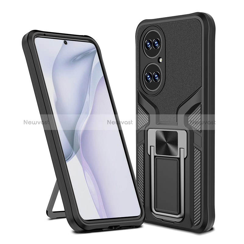 Silicone Matte Finish and Plastic Back Cover Case with Magnetic Finger Ring Stand ZL1 for Huawei P50 Black