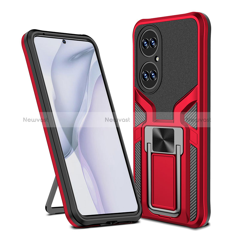 Silicone Matte Finish and Plastic Back Cover Case with Magnetic Finger Ring Stand ZL1 for Huawei P50 Pro Red