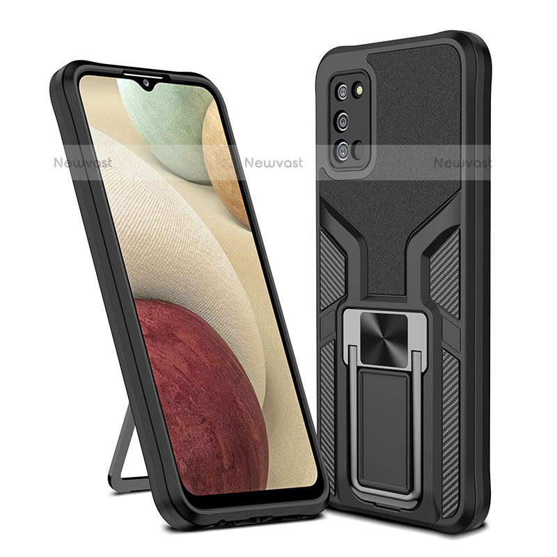 Silicone Matte Finish and Plastic Back Cover Case with Magnetic Finger Ring Stand ZL1 for Samsung Galaxy A02s Black