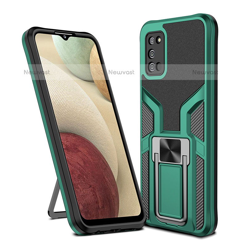 Silicone Matte Finish and Plastic Back Cover Case with Magnetic Finger Ring Stand ZL1 for Samsung Galaxy A02s Green