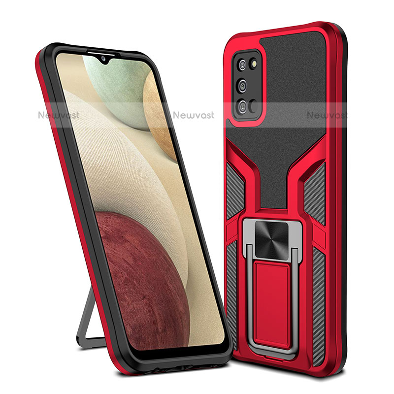 Silicone Matte Finish and Plastic Back Cover Case with Magnetic Finger Ring Stand ZL1 for Samsung Galaxy A02s Red