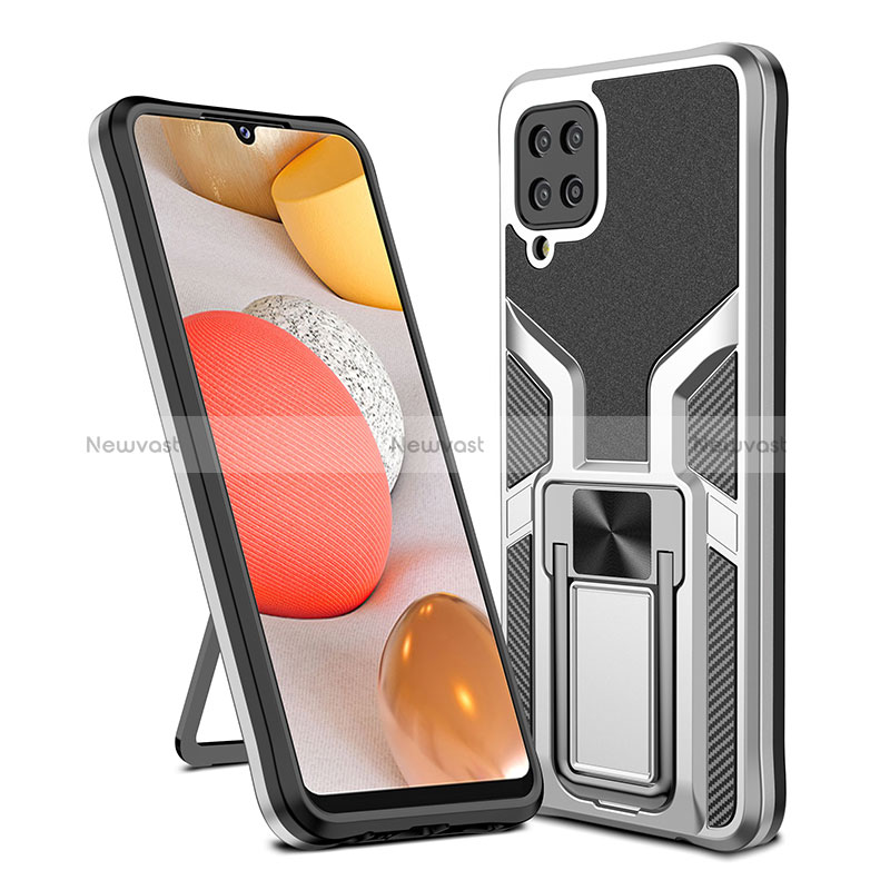 Silicone Matte Finish and Plastic Back Cover Case with Magnetic Finger Ring Stand ZL1 for Samsung Galaxy A12 5G Silver