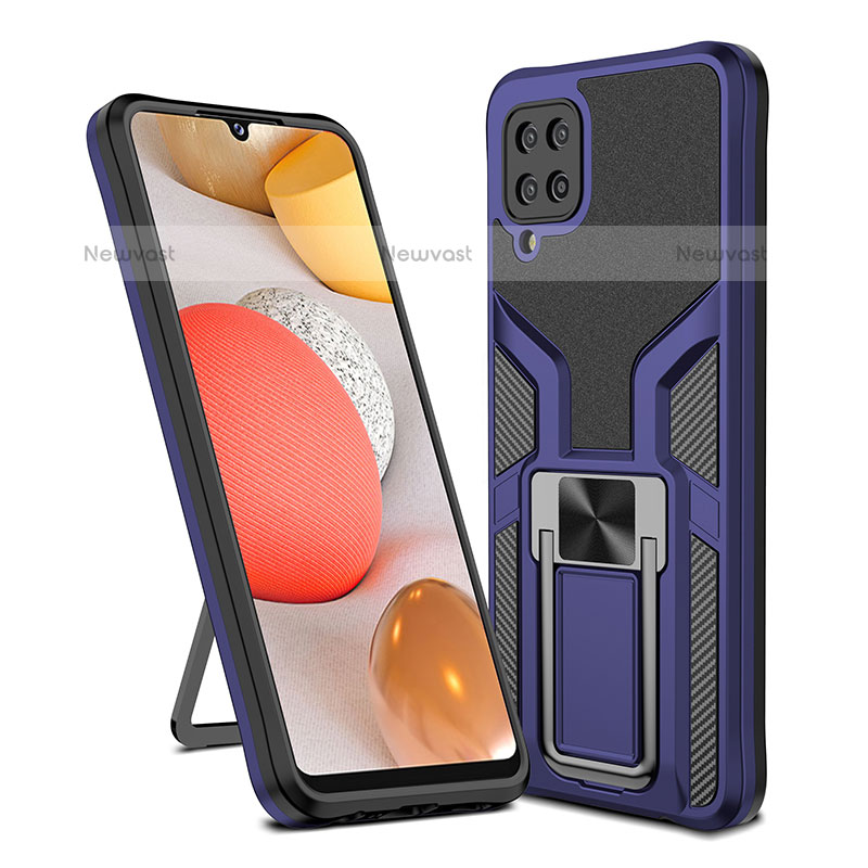 Silicone Matte Finish and Plastic Back Cover Case with Magnetic Finger Ring Stand ZL1 for Samsung Galaxy A12 Blue