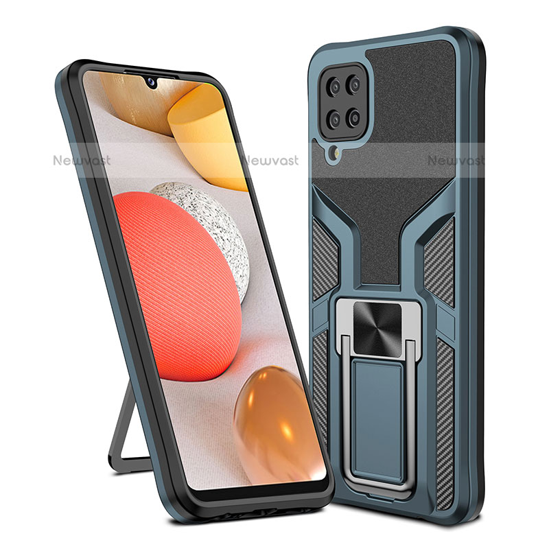 Silicone Matte Finish and Plastic Back Cover Case with Magnetic Finger Ring Stand ZL1 for Samsung Galaxy A12 Cyan