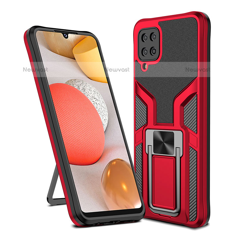 Silicone Matte Finish and Plastic Back Cover Case with Magnetic Finger Ring Stand ZL1 for Samsung Galaxy A12 Red