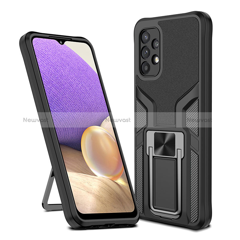 Silicone Matte Finish and Plastic Back Cover Case with Magnetic Finger Ring Stand ZL1 for Samsung Galaxy A32 4G Black