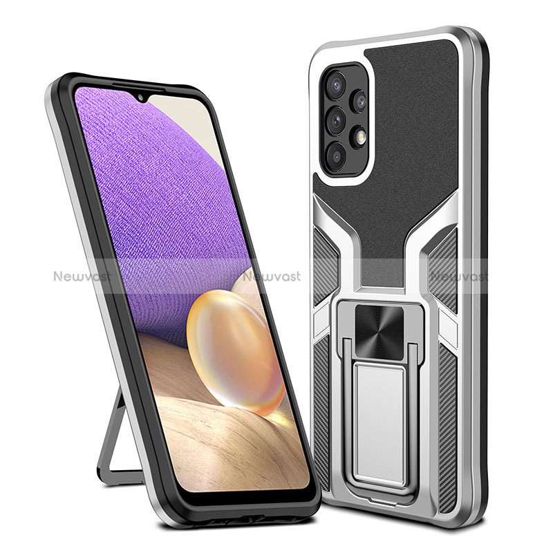 Silicone Matte Finish and Plastic Back Cover Case with Magnetic Finger Ring Stand ZL1 for Samsung Galaxy A32 4G Silver