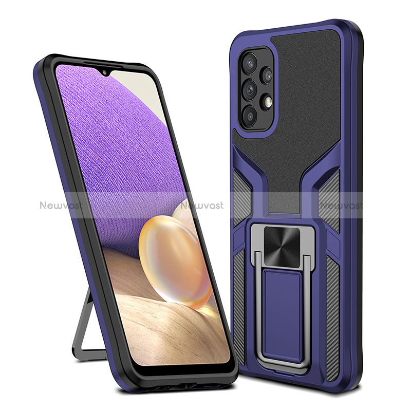 Silicone Matte Finish and Plastic Back Cover Case with Magnetic Finger Ring Stand ZL1 for Samsung Galaxy A32 5G Blue