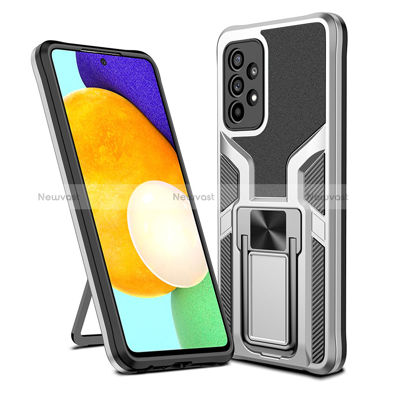 Silicone Matte Finish and Plastic Back Cover Case with Magnetic Finger Ring Stand ZL1 for Samsung Galaxy A52 4G Silver