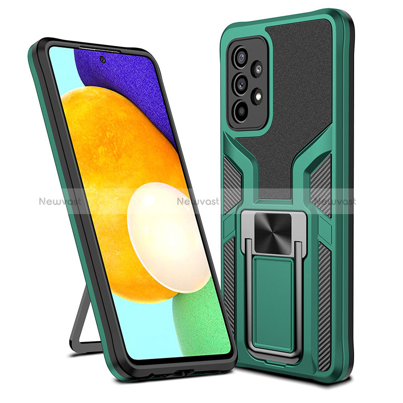 Silicone Matte Finish and Plastic Back Cover Case with Magnetic Finger Ring Stand ZL1 for Samsung Galaxy A52 5G Green