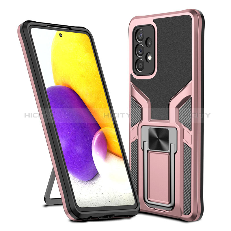 Silicone Matte Finish and Plastic Back Cover Case with Magnetic Finger Ring Stand ZL1 for Samsung Galaxy A72 4G Rose Gold