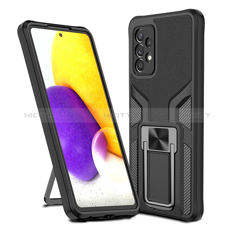Silicone Matte Finish and Plastic Back Cover Case with Magnetic Finger Ring Stand ZL1 for Samsung Galaxy A72 5G Black