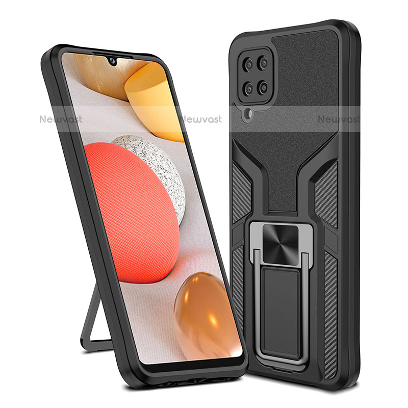 Silicone Matte Finish and Plastic Back Cover Case with Magnetic Finger Ring Stand ZL1 for Samsung Galaxy F12 Black