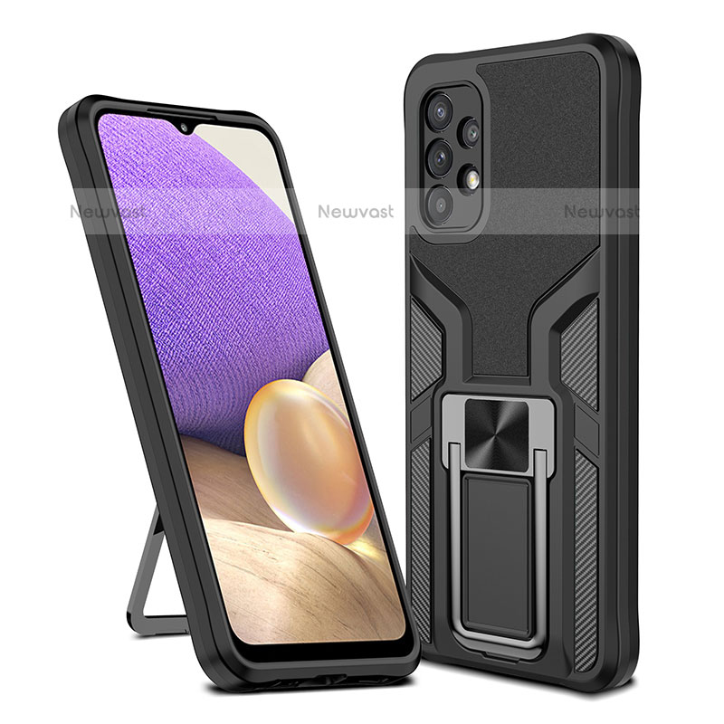 Silicone Matte Finish and Plastic Back Cover Case with Magnetic Finger Ring Stand ZL1 for Samsung Galaxy M32 5G Black