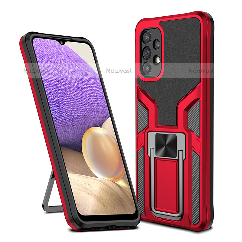 Silicone Matte Finish and Plastic Back Cover Case with Magnetic Finger Ring Stand ZL1 for Samsung Galaxy M32 5G Red