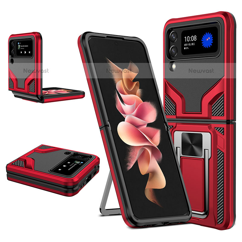 Silicone Matte Finish and Plastic Back Cover Case with Magnetic Finger Ring Stand ZL1 for Samsung Galaxy Z Flip3 5G Red