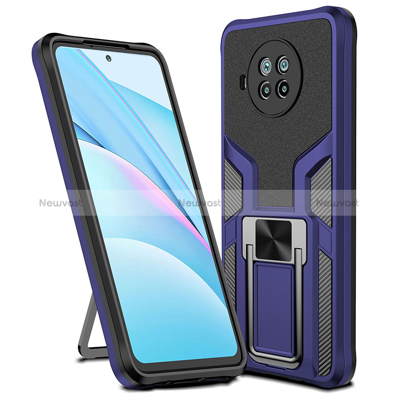 Silicone Matte Finish and Plastic Back Cover Case with Magnetic Finger Ring Stand ZL1 for Xiaomi Mi 10i 5G Blue