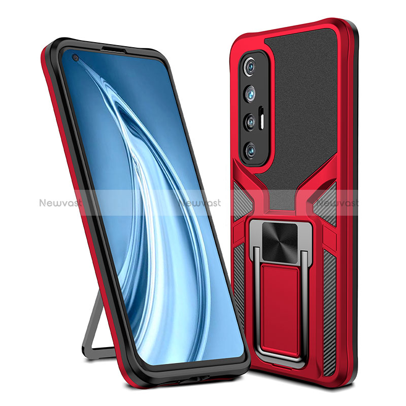 Silicone Matte Finish and Plastic Back Cover Case with Magnetic Finger Ring Stand ZL1 for Xiaomi Mi 10S 5G Red