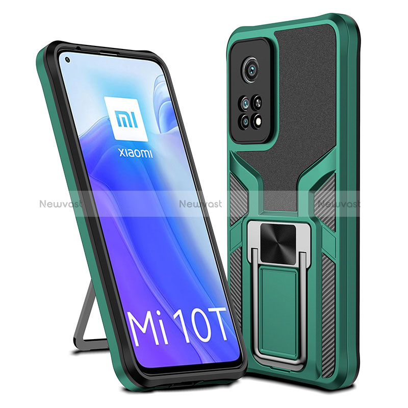 Silicone Matte Finish and Plastic Back Cover Case with Magnetic Finger Ring Stand ZL1 for Xiaomi Mi 10T 5G Green