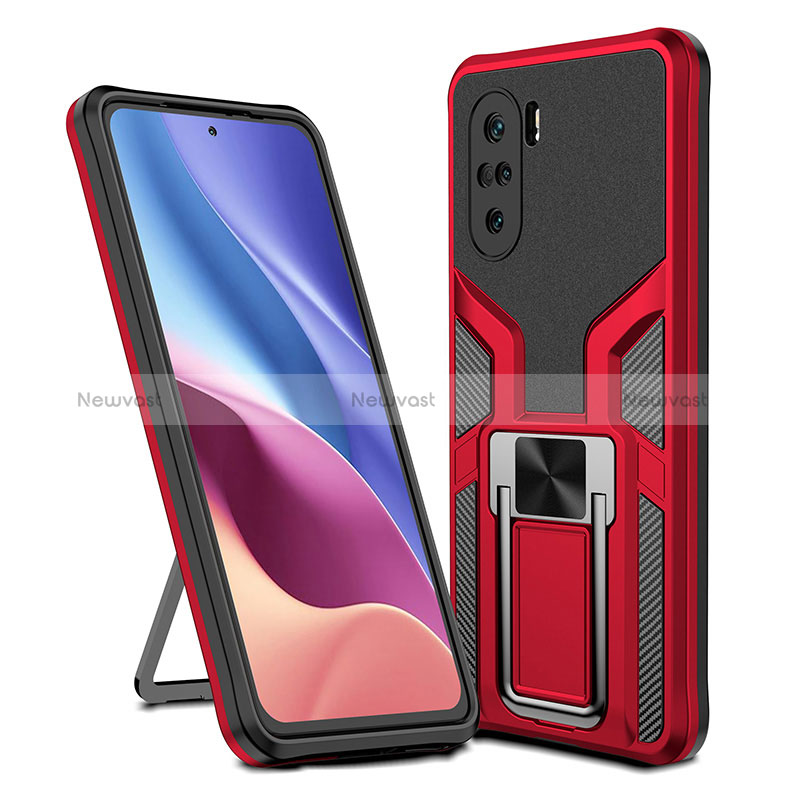 Silicone Matte Finish and Plastic Back Cover Case with Magnetic Finger Ring Stand ZL1 for Xiaomi Poco F3 5G Red