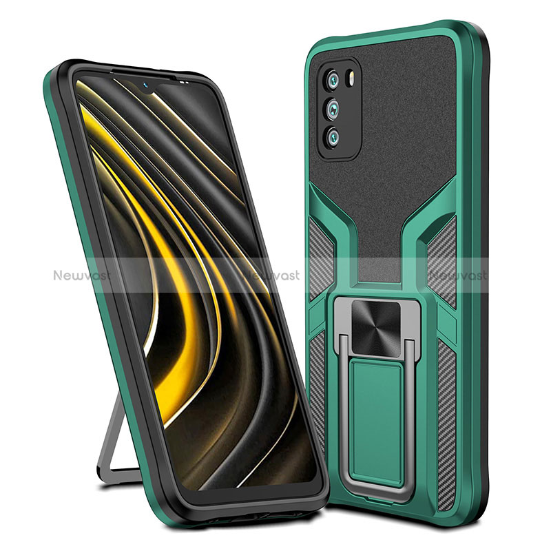 Silicone Matte Finish and Plastic Back Cover Case with Magnetic Finger Ring Stand ZL1 for Xiaomi Poco M3 Green