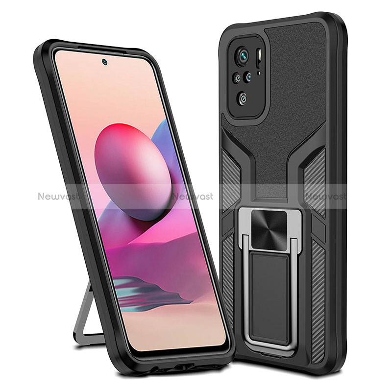 Silicone Matte Finish and Plastic Back Cover Case with Magnetic Finger Ring Stand ZL1 for Xiaomi Poco M5S Black