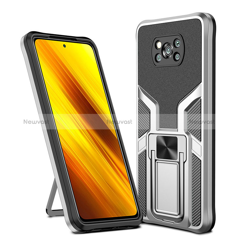 Silicone Matte Finish and Plastic Back Cover Case with Magnetic Finger Ring Stand ZL1 for Xiaomi Poco X3 Silver