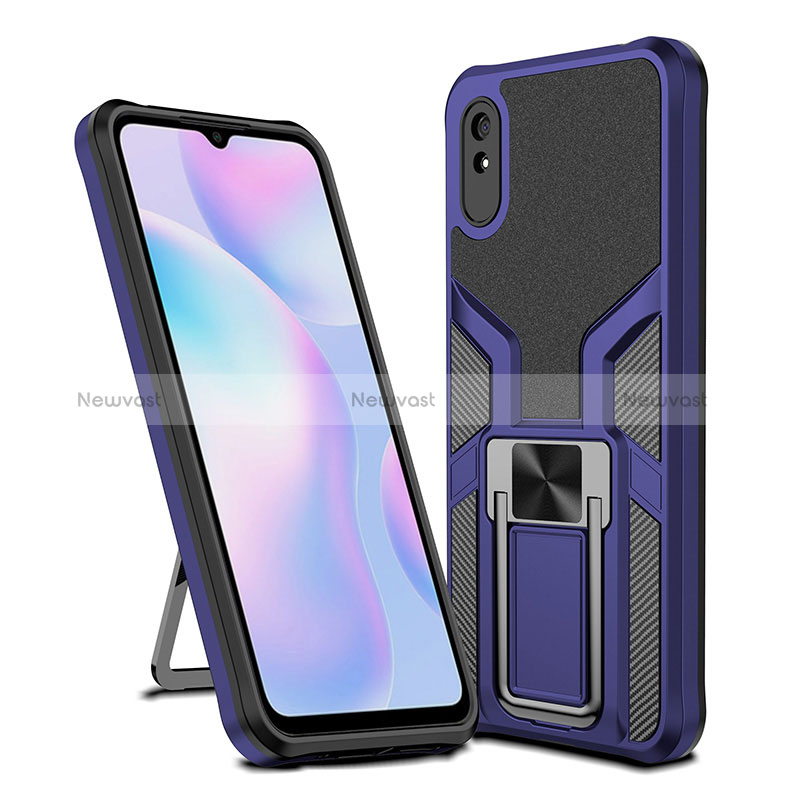 Silicone Matte Finish and Plastic Back Cover Case with Magnetic Finger Ring Stand ZL1 for Xiaomi Redmi 9i Blue