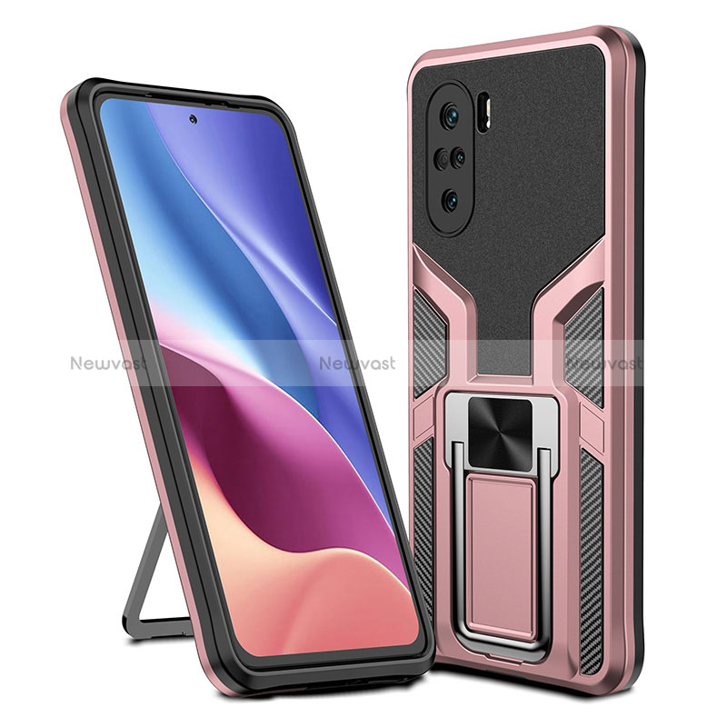 Silicone Matte Finish and Plastic Back Cover Case with Magnetic Finger Ring Stand ZL1 for Xiaomi Redmi K40 Pro+ Plus 5G Rose Gold